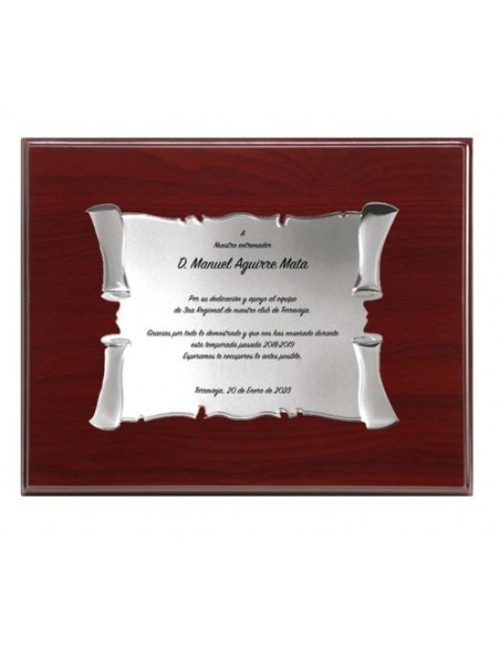 (129) PLACA HOMENAJE CON MADERA ECONOMICA 21 x 17 cm