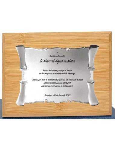 (129) PLACA HOMENAJE CON MADERA BAMBU 21 x 17 cm