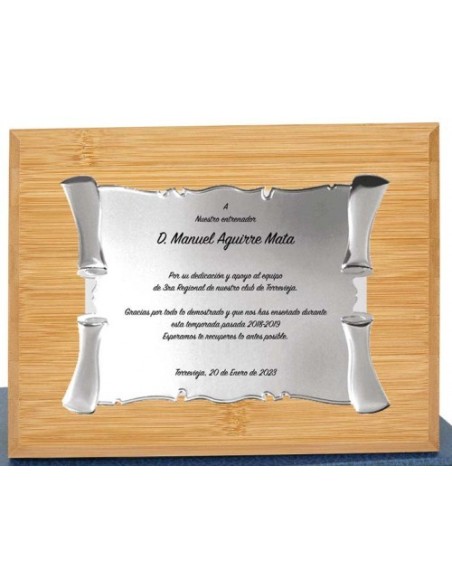 (129) PLACA HOMENAJE CON MADERA BAMBU 21 x 17 cm