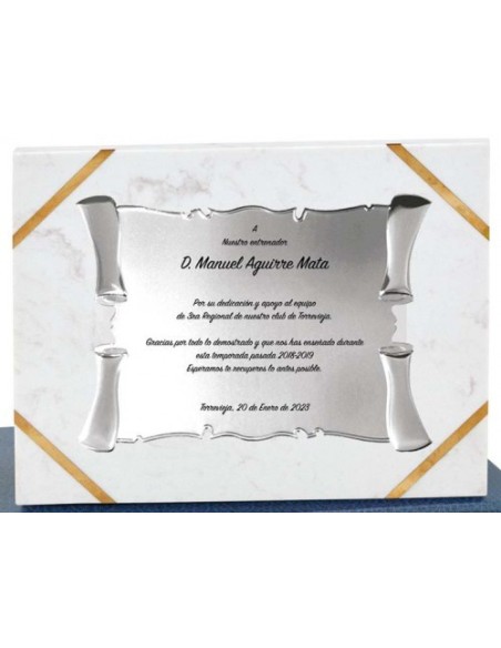(129) PLACA HOMENAJE CON SOPORTE MARMOL 24 x 19 cm
