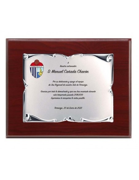 (130) PLACA HOMENAJE CON MADERA ECONOMICA 21 x 17 cm