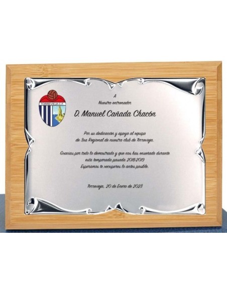 (130) PLACA HOMENAJE CON MADERA BAMBU 21 x 17 cm