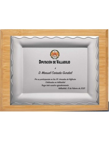 (132) PLACA HOMENAJE CON MADERA BAMBU 24 x 19 cm
