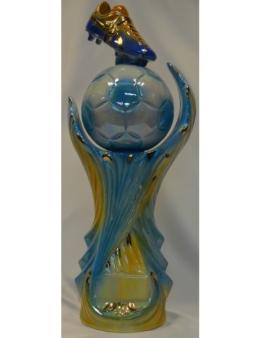 TROFEO FUTBOL CERAMICA DECORADO EN ORO AZUL CLARO