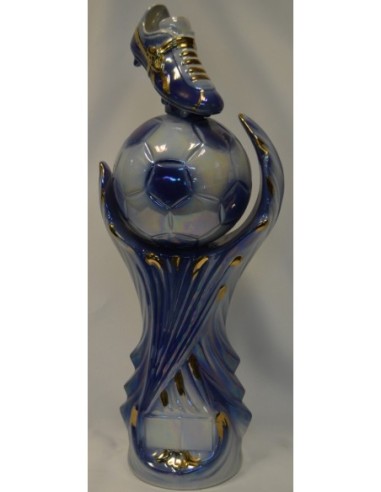 TROFEO FUTBOL CERAMICA DECORADO EN ORO AZUL MARI