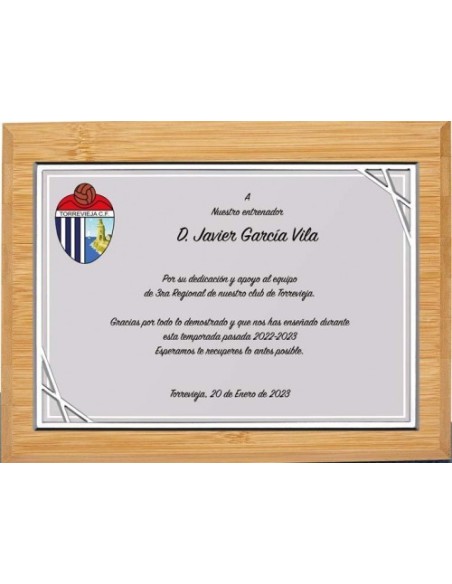 (137) PLACA HOMENAJE CON MADERA BAMBU 21 x 17 cm