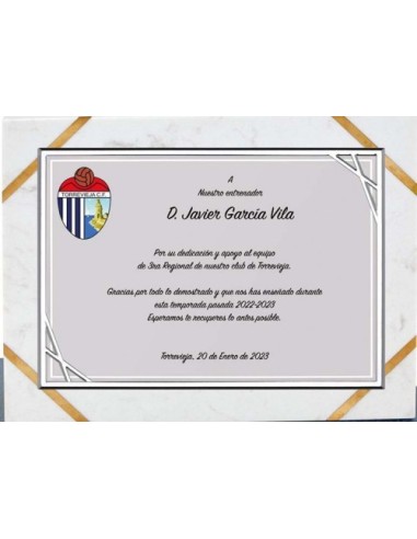 (137) PLACA HOMENAJE CON SOPORTE MARMOL 24 x 19 cm