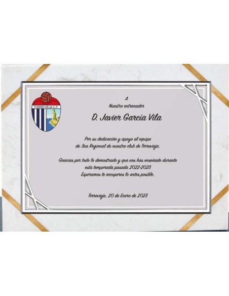 (137) PLACA HOMENAJE CON SOPORTE MARMOL 24 x 19 cm