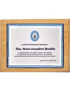 (138) PLACA HOMENAJE CON SOPORTE BAMBU 21 x 17 cm