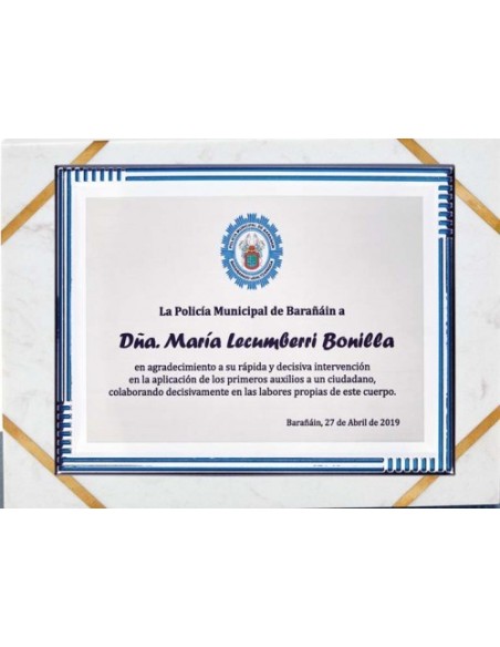 (138) PLACA HOMENAJE CON SOPORTE MARMOL 24 x 19 cm