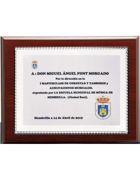 (138) PLACA HOMENAJE CON MADERA ECONOMICA 21 x 17 cm