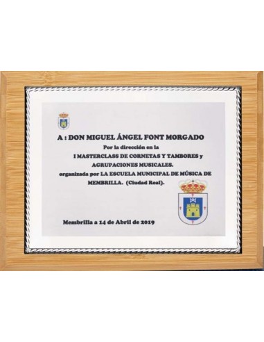 (138) PLACA HOMENAJE CON SOPORTE BAMBU 21 x 17 cm