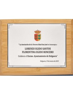 (140) PLACA HOMENAJE CON MADERA BAMBU 21 x 17 cm