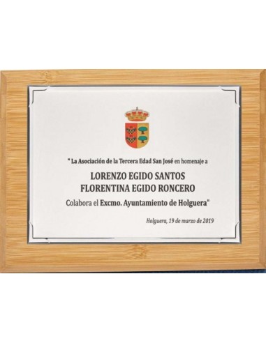 (140) PLACA HOMENAJE CON MADERA BAMBU 21 x 17 cm