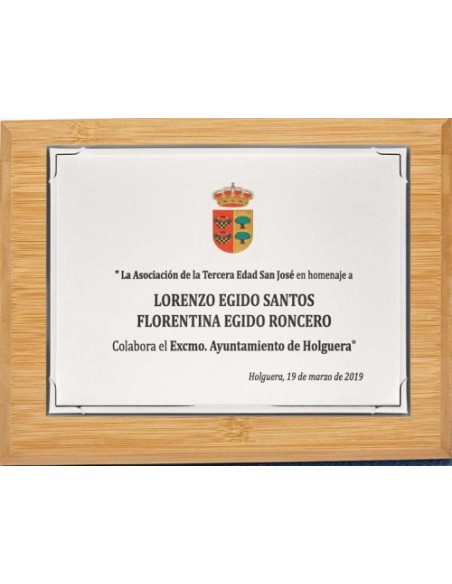(140) PLACA HOMENAJE CON MADERA BAMBU 21 x 17 cm