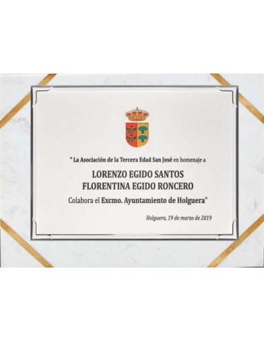 (140) PLACA HOMENAJE CON SOPORTE MARMOL 24 x 19 cm
