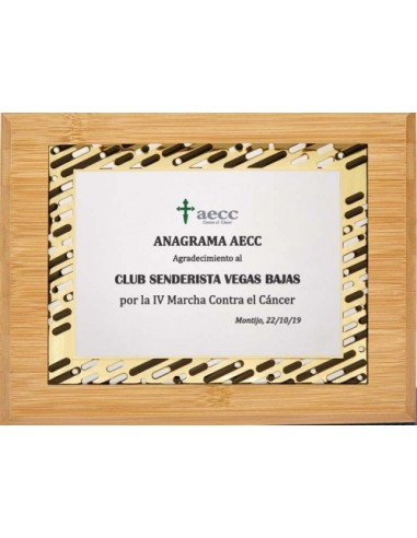 (142) PLACA HOMENAJE CON MADERA BAMBU 21 x 17 cm