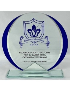 TROFEO CRISTAL AZUL GRABABLE EN COLOR CON ADORNO ESPEJO 15,5 CM