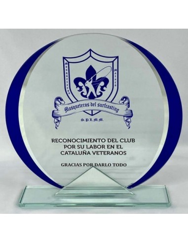 TROFEO CRISTAL AZUL GRABABLE EN COLOR CON ADORNO ESPEJO 15,5 CM