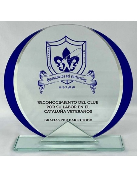 TROFEO CRISTAL AZUL GRABABLE EN COLOR CON ADORNO ESPEJO 15,5 CM